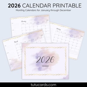 2026 Calendar Printable Download | Purple and Gold Aesthetic Watercolor Calendar | Letter Size | Desk & Wall Planner - calendars