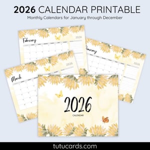 2026 Calendar Printable Download | Yellow Watercolor Flower Calendar | Letter Size | Desk & Wall Planner - calendars