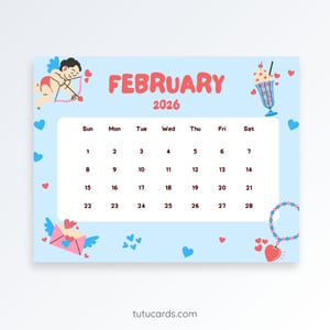 Cupid’s Blue Valentine – February 2026 Calendar | Light Blue Hearts & Love Theme - calendars