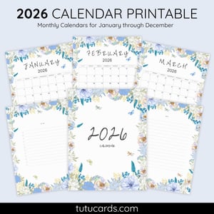 2026 Calendar Printable Download | Blue and White Floral Line Art Watercolor Vertical Calendar | To-Do List & Notes Pages Included | Letter Size | Minimal Planner - calendars