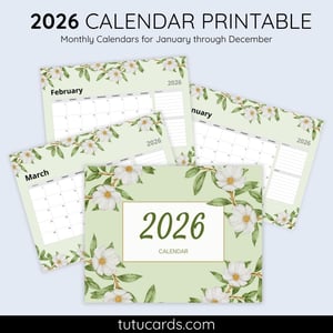 2026 Calendar Printable Download | Green and White Floral Watercolor Calendar | Letter Size | Desk & Wall Planner - calendars