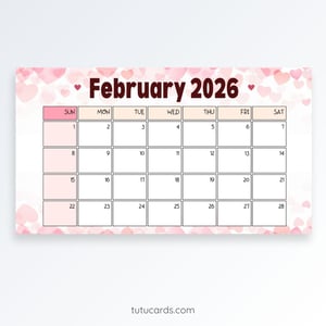 Wide Pink Hearts – February 2026 Calendar | Minimal Romantic Landscape Design - calendars