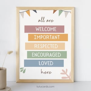 All Are Welcome, Important, Respected, Encouraged & Loved Here — Boho Minimalist Inclusive Classroom Posters, Neutral Handwritten Wall Art for Kids & Home - posters