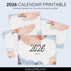 2026 Calendar Printable Download | Blue Brown Abstract Watercolor Background Calendar | Letter Size | Desk & Wall Planner - calendars