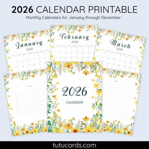 2026 Calendar Printable Download | Yellow Wildflower & Daisy Watercolor Vertical Calendar | To-Do List & Notes Pages Included | Letter Size | Rustic Floral Planner - calendars