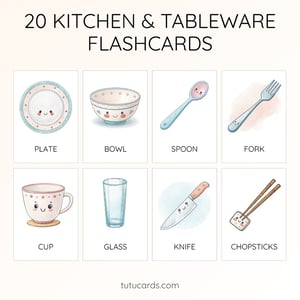 20 Cute Colorful Kitchen & Tableware Flashcards | Printable Cards | 3.5x5 inch | Kids Learning & Classroom Decor - flashcards