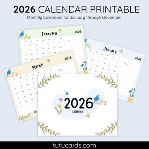 2026 Calendar Printable Download | Cute Hand-Drawn Flowers and Birds Watercolor Calendar | Letter Size | Desk & Wall Planner - calendars