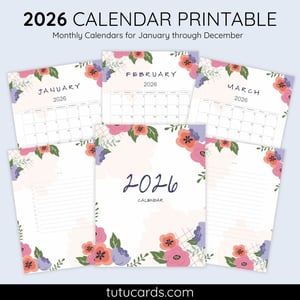 2026 Calendar Printable Download | Cute Pink and Purple Floral Watercolor Vertical Calendar | To-Do List & Notes Pages Included | Letter Size | Aesthetic Planner - calendars