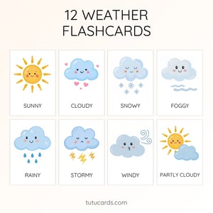 12 Cute Colorful Weather Flashcards | Printable Cards | 3.5x5 inch | Kids Learning & Classroom Decor - flashcards