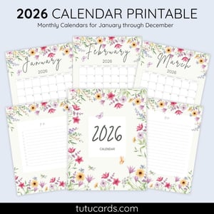 2026 Calendar Printable Download | Soft Pastel Botanical Flowers & Butterflies Watercolor Vertical Calendar | To-Do List & Notes Pages Included | Letter Size | Aesthetic Planner - calendars