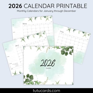 2026 Calendar Printable Download | White and Green Elegant Illustrated Leaves Calendar | Simple Monthly Planner | Letter Size | Desk & Wall Decor - calendars