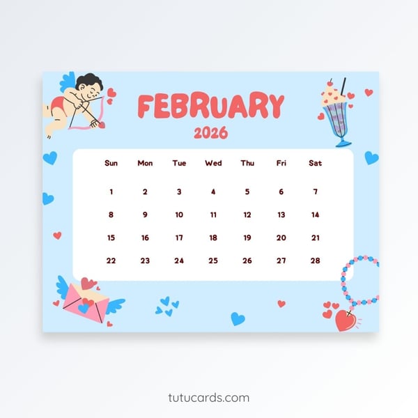 Cupid’s Blue Valentine – February 2026 Calendar | Light Blue Hearts & Love Theme - Educational printable with 12 months. Celebrate love with a fresh and dreamy look this February!

The Cupid’s Blue Valentine February 2026...