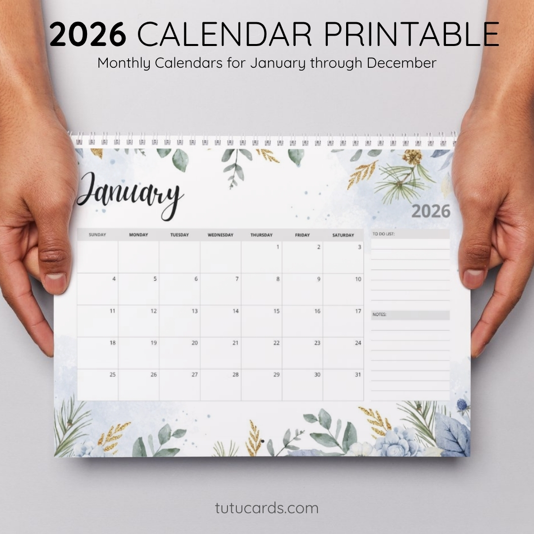 2026 Calendar Printable Download | Blue and White Watercolor Botanical ...