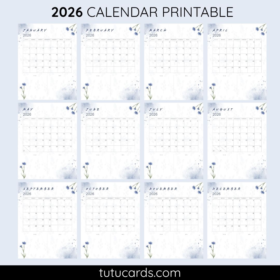 2026 Calendar Printable Download | Soft Blue Wildflower Watercolor ...