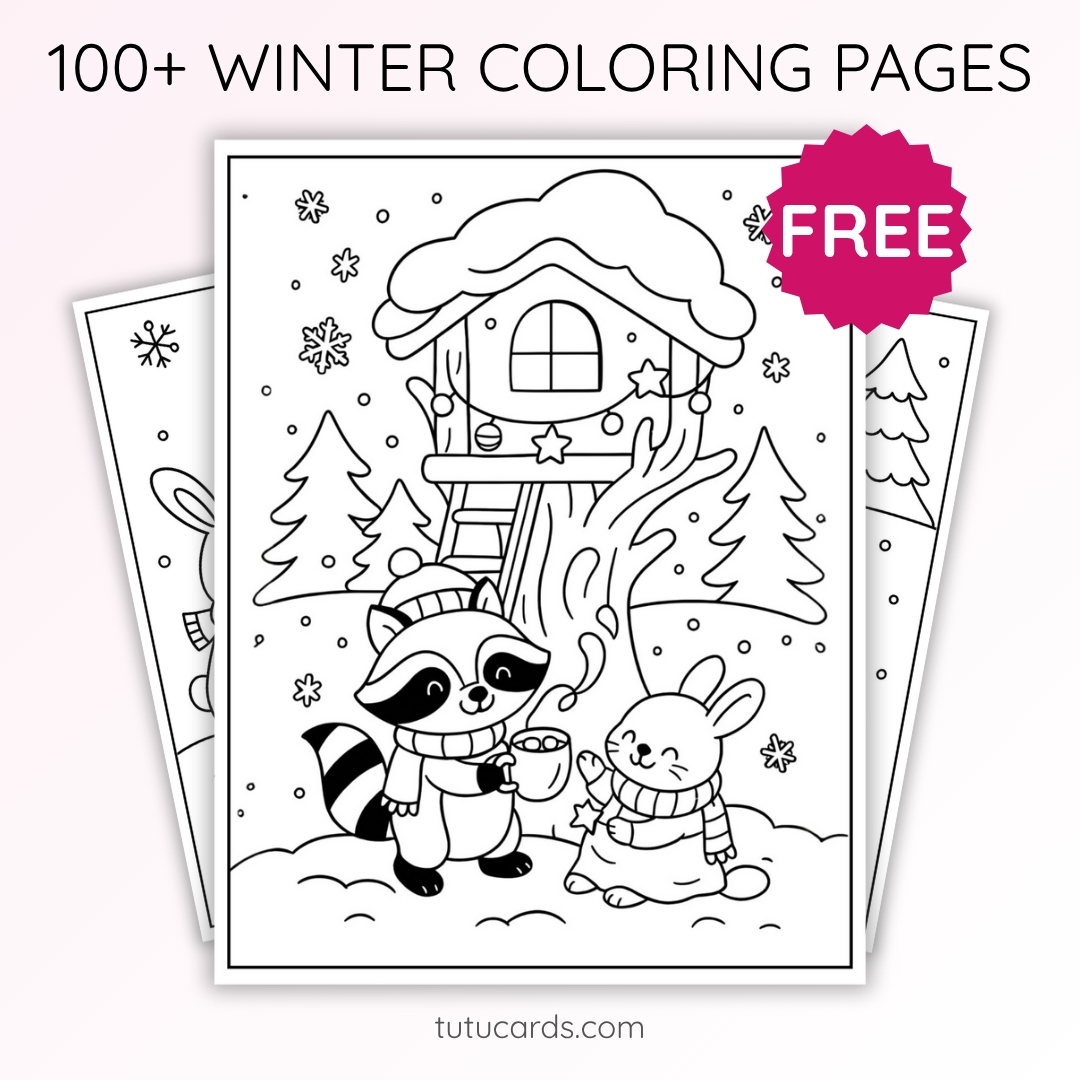 Winter Coloring Pages for Kids – Raccoon and Bunny by the Treehouse ...