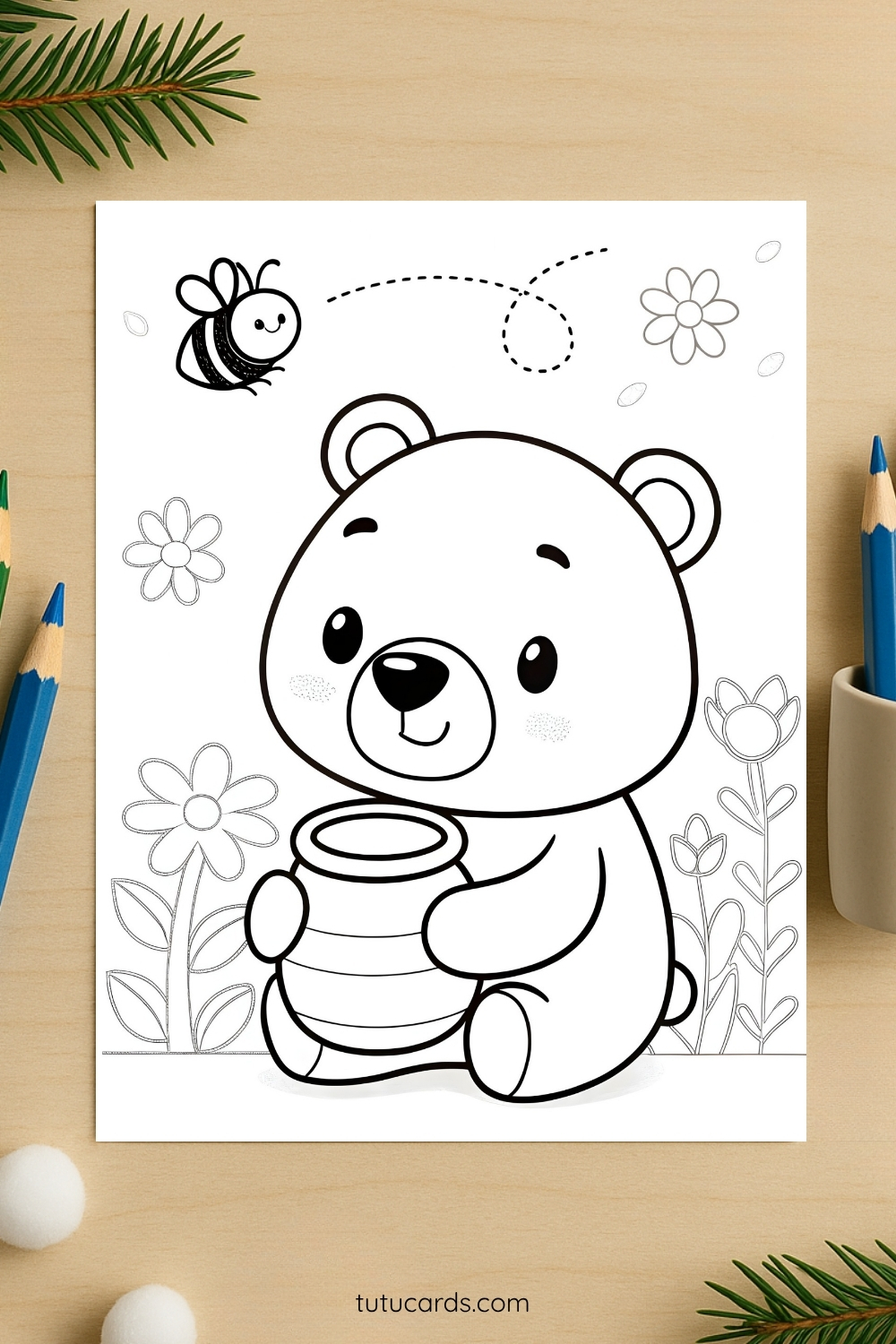 Cute Bear with Honey Jar Coloring Page for Kids | Printable Animal Art ...