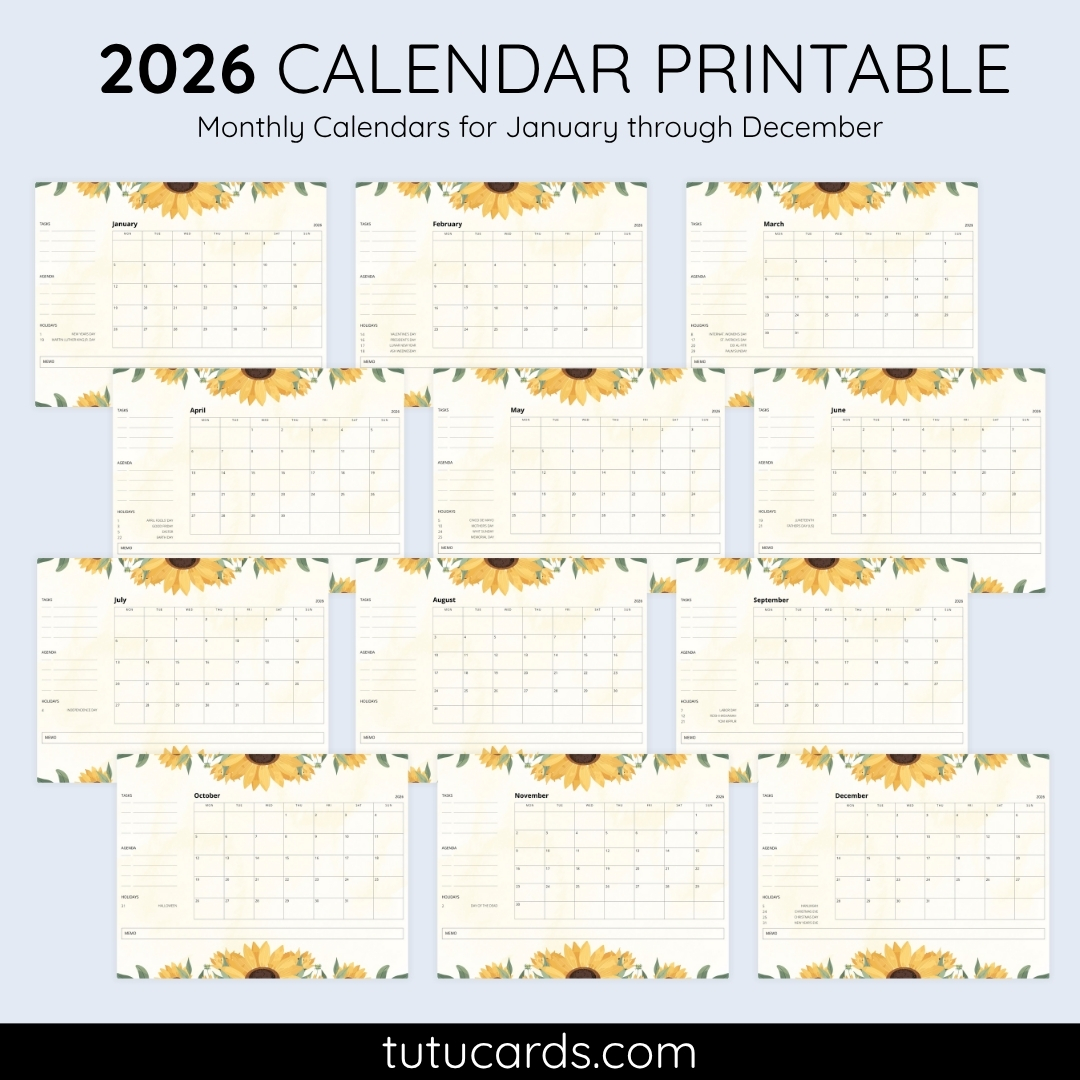 2026 Calendar Printable Download | Sunflower Monthly Calendar | Yellow ...