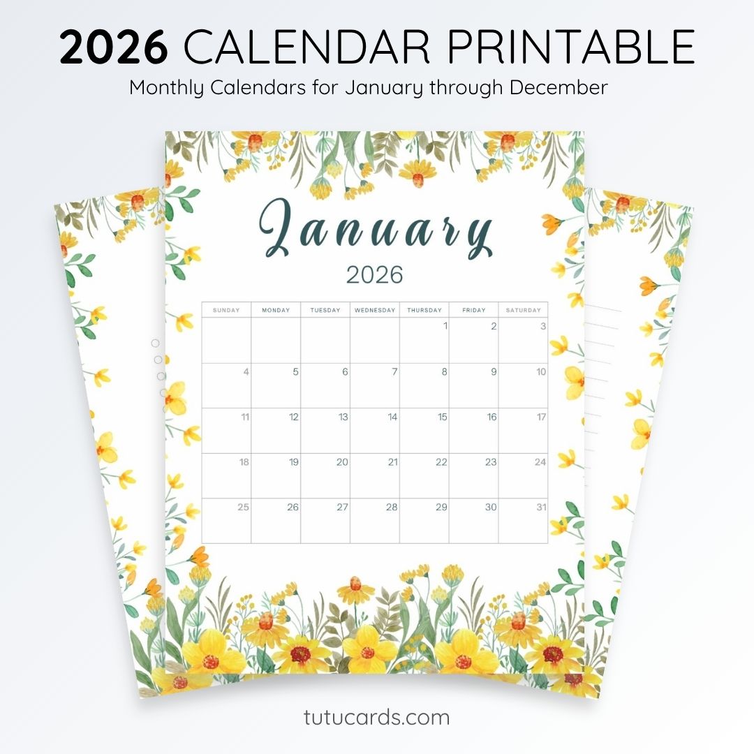 2026 Calendar Printable Download | Yellow Wildflower & Daisy Watercolor ...