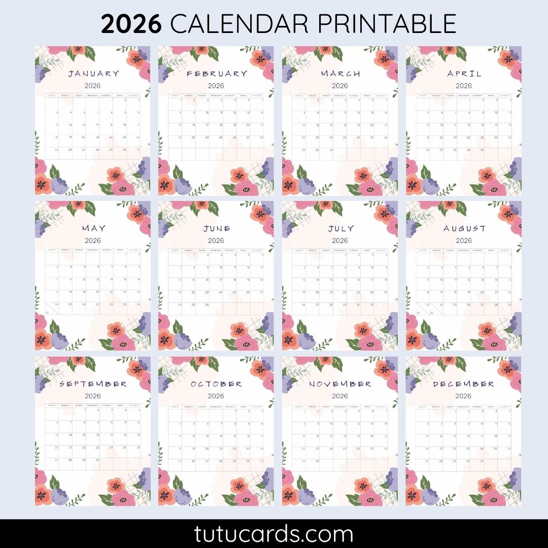 2026 Calendar Printable Download | Cute Pink and Purple Floral ...