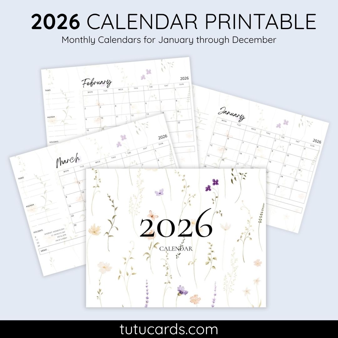 2026 Calendar Printable Download | Neutral Watercolor Wildflowers ...