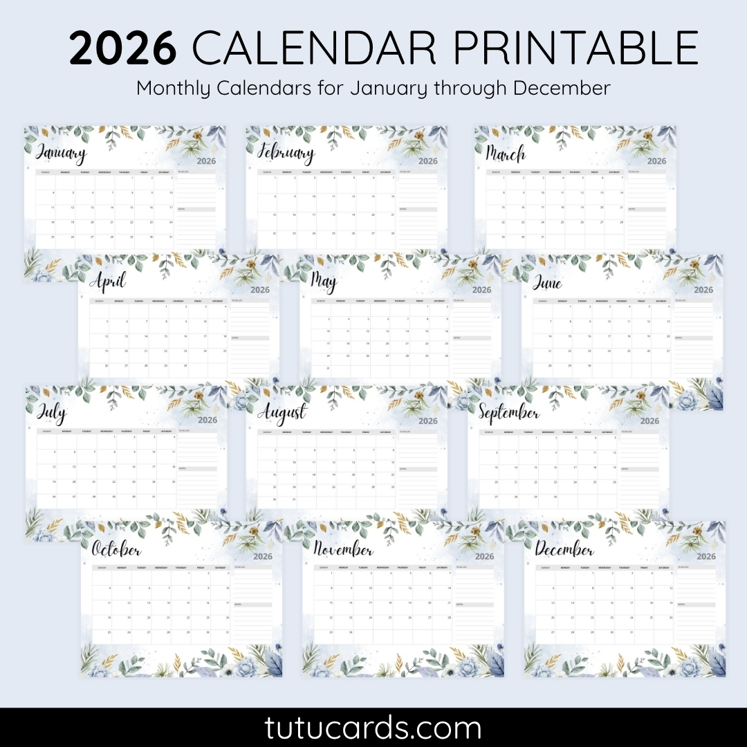 2026 Calendar Printable Download | Blue and White Watercolor Botanical ...