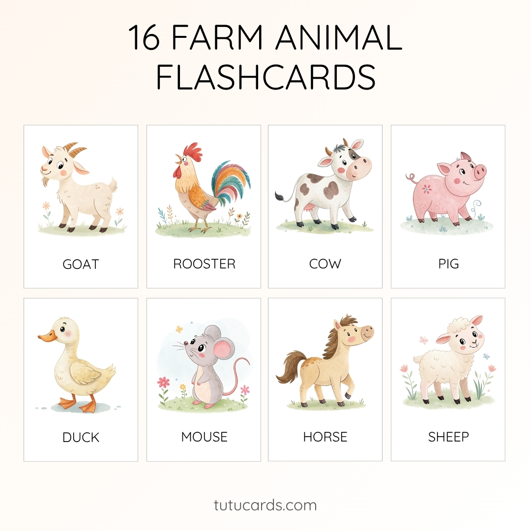 16 Cute Colorful Farm Animal Flashcards | Printable Cards | 3.5x5 inch ...