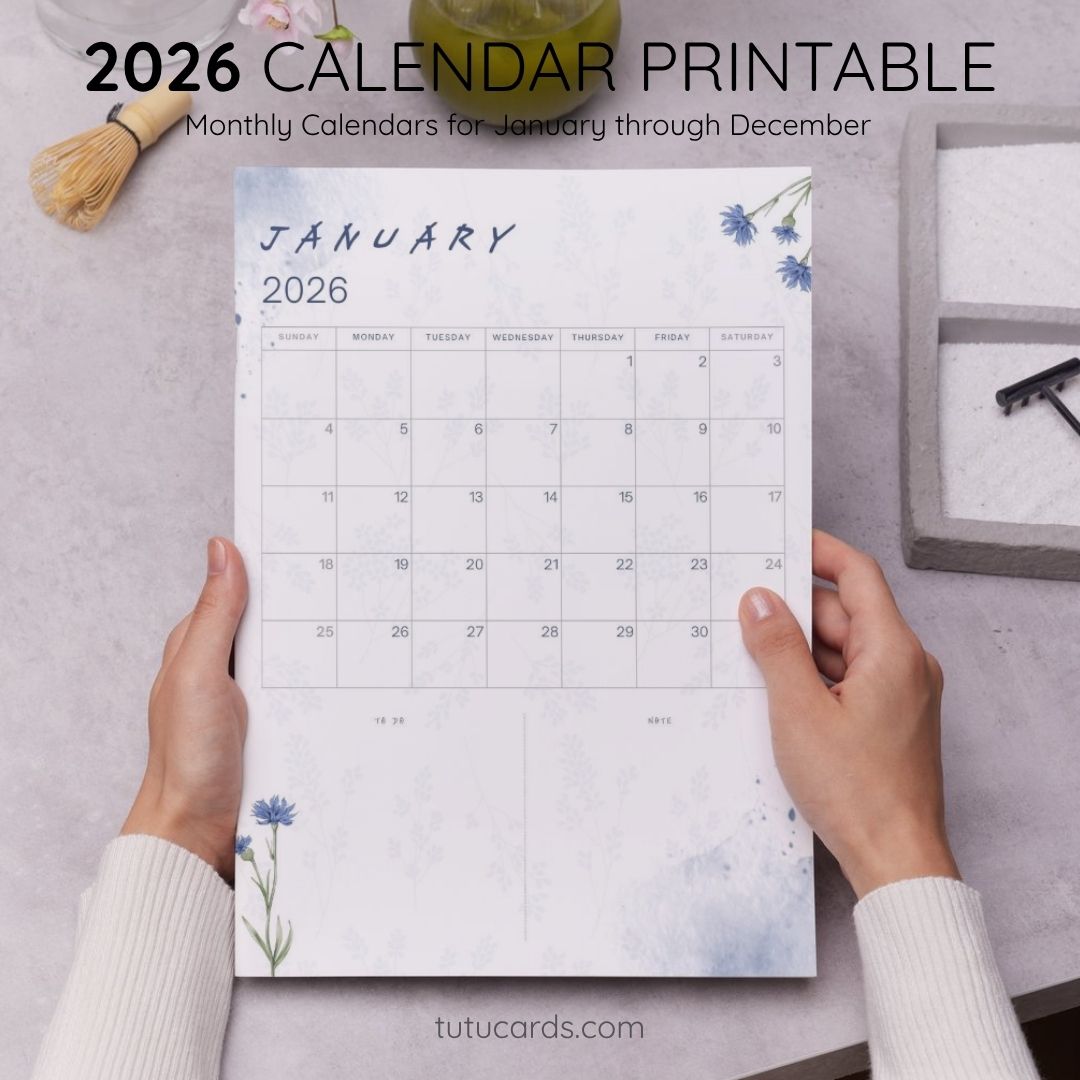 2026 Calendar Printable Download | Soft Blue Wildflower Watercolor ...