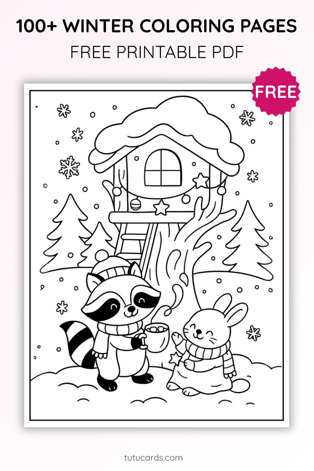Winter Coloring Pages for Kids – Raccoon and Bunny by the Treehouse ...