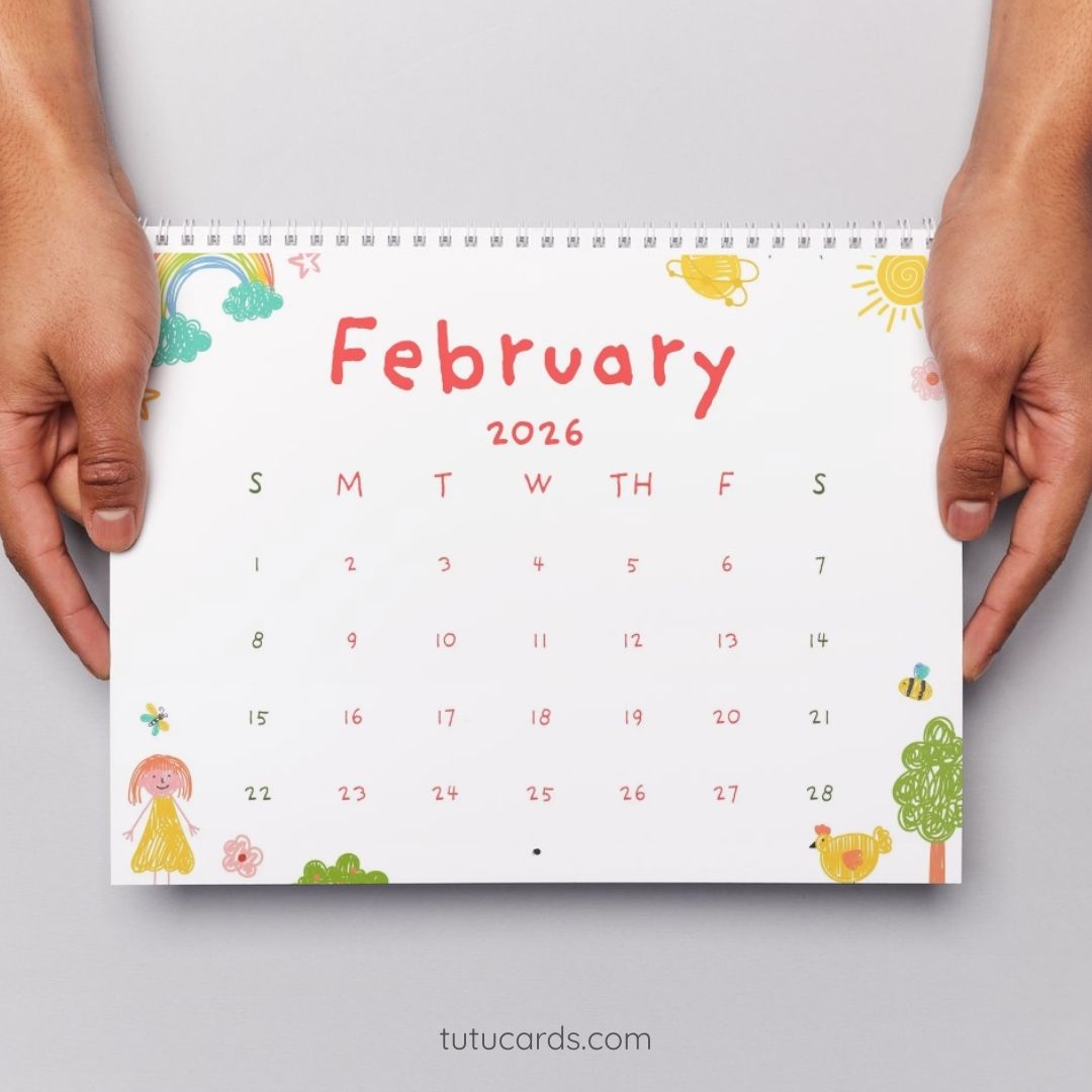 Happy February – 2026 Calendar with Colorful Doodle People, Trees