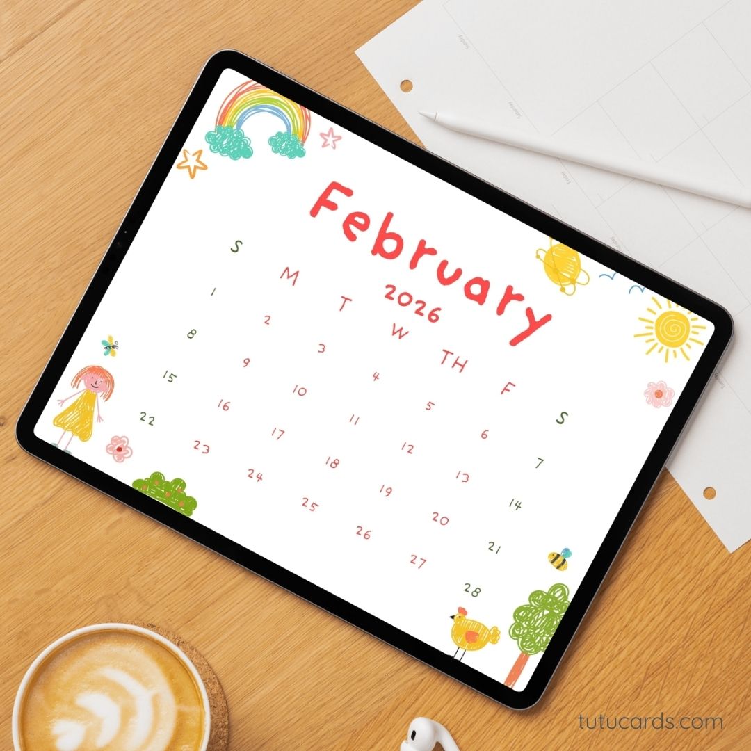 Happy February – 2026 Calendar with Colorful Doodle People, Trees