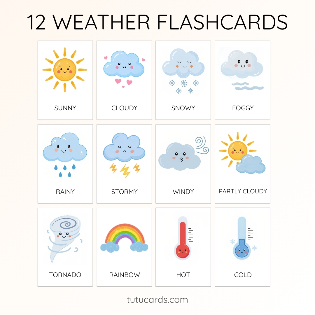 12 Cute Colorful Weather Flashcards | Printable Cards | 3.5x5 inch ...