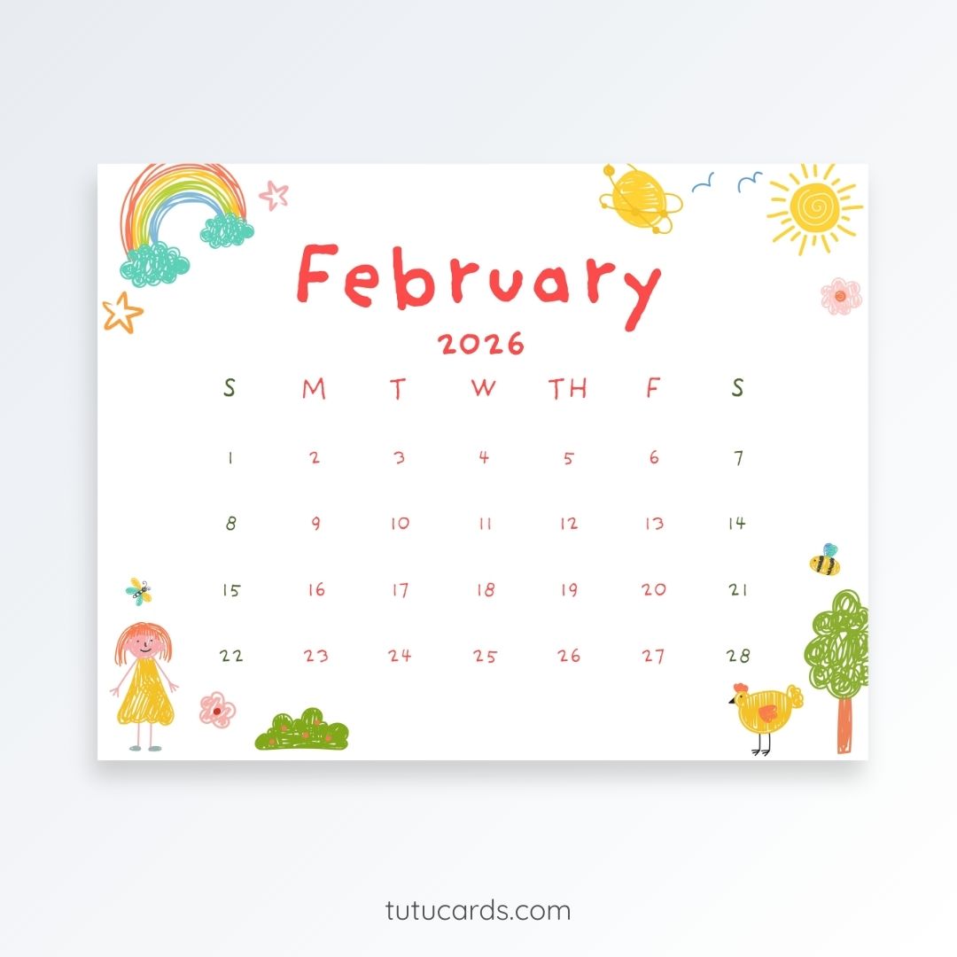 Happy February – 2026 Calendar with Colorful Doodle People, Trees