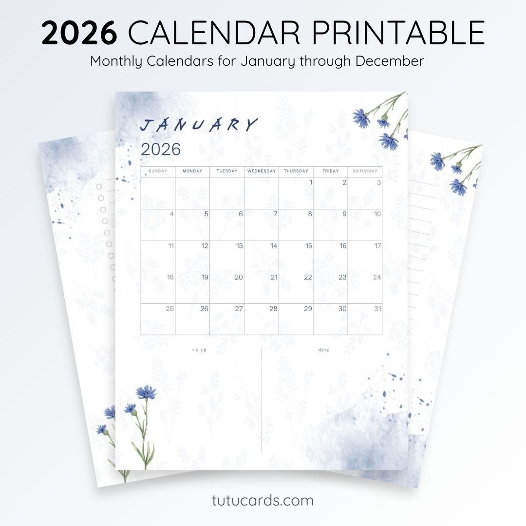 2026 Calendar Printable Download | Soft Blue Wildflower Watercolor ...