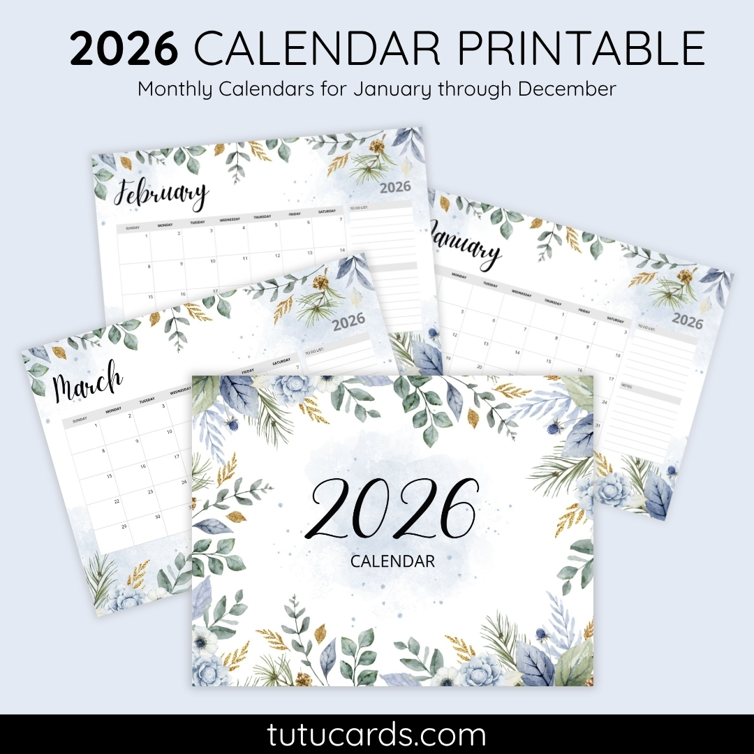 2026 Calendar Printable Download | Blue and White Watercolor Botanical ...