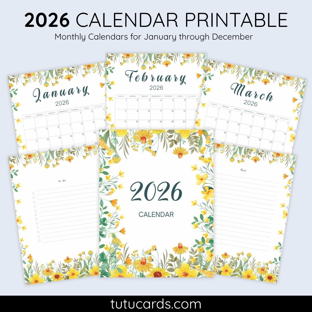 2026 Calendar Printable Download | Yellow Wildflower & Daisy Watercolor ...