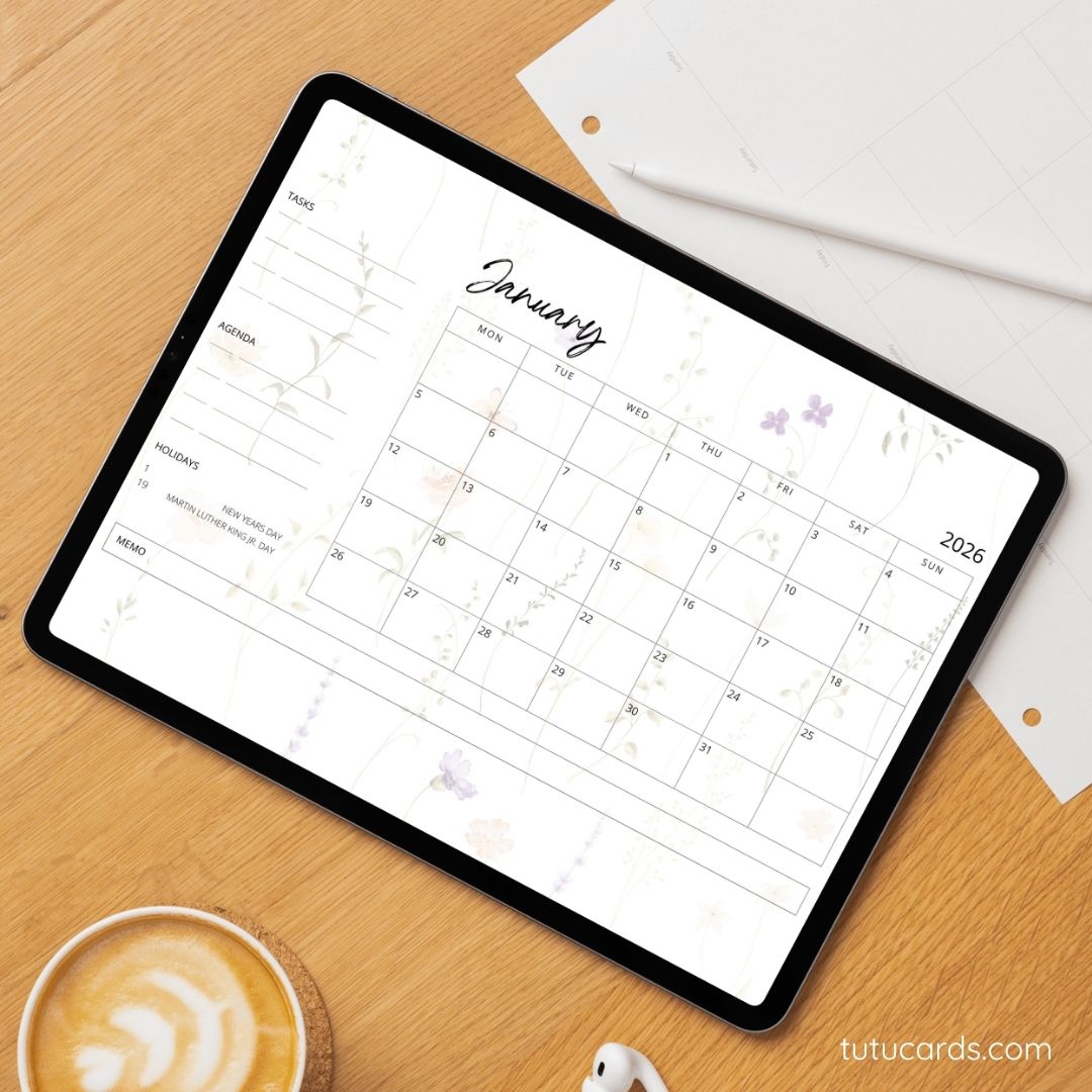 2026 Calendar Printable Download | Neutral Watercolor Wildflowers ...