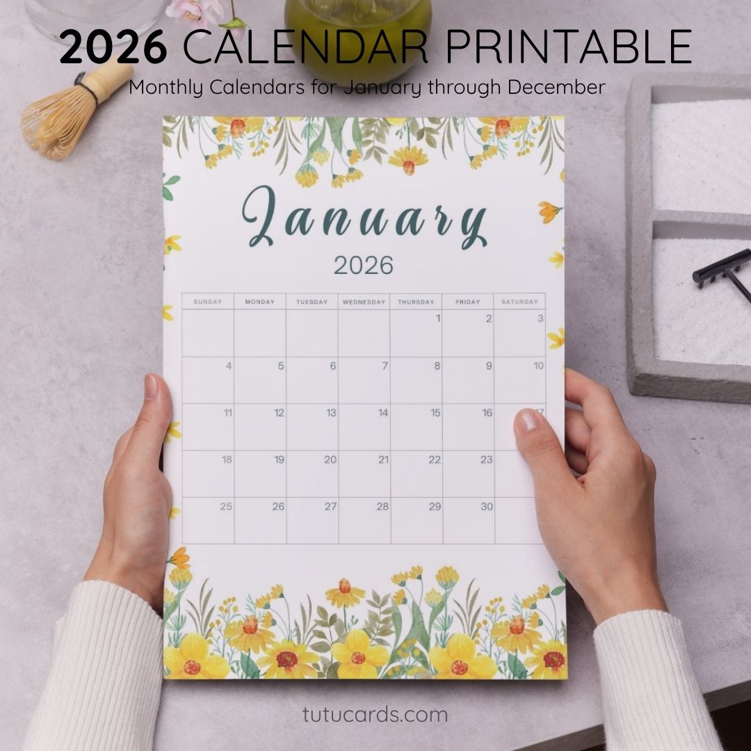 2026 Calendar Printable Download | Yellow Wildflower & Daisy Watercolor ...