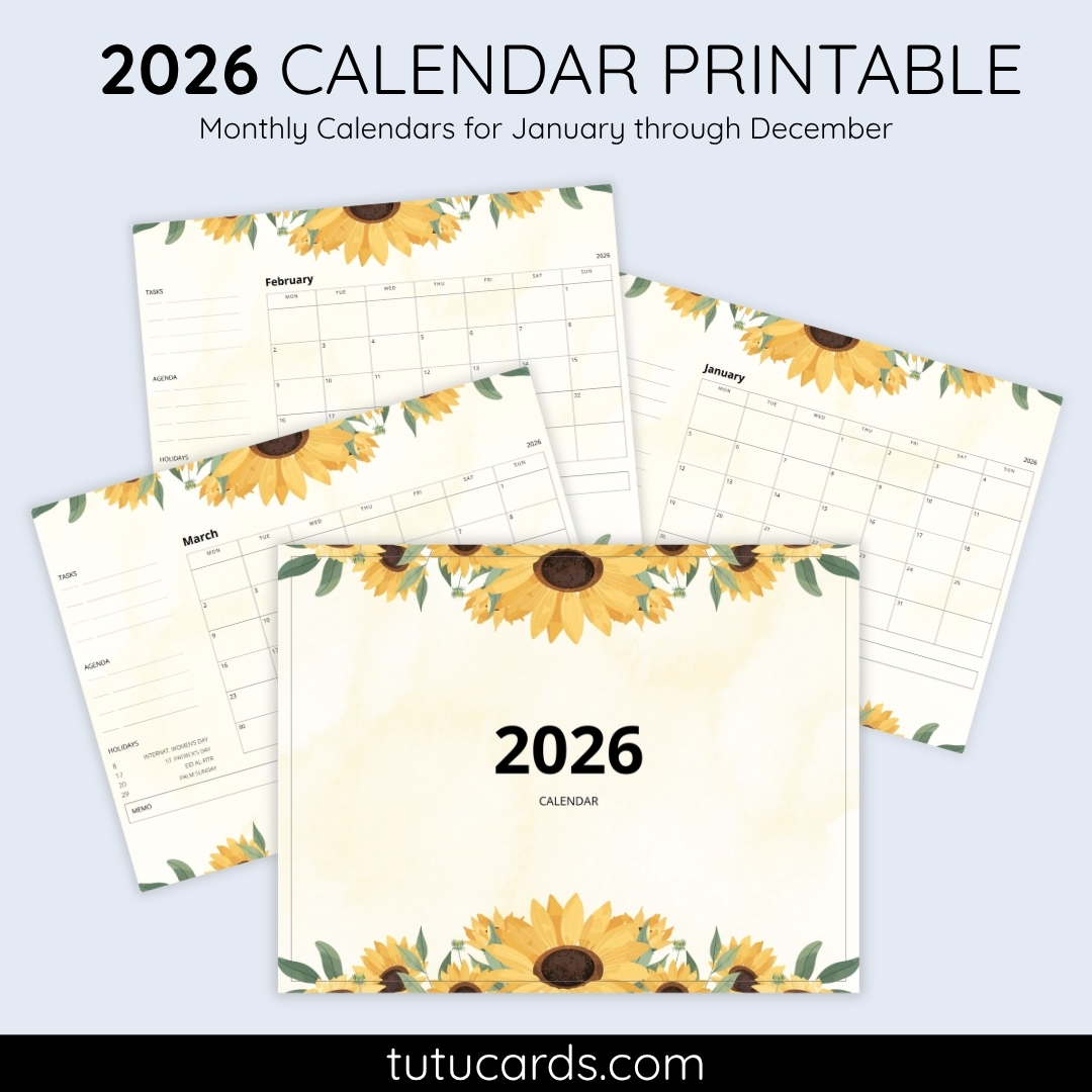2026 Calendar Printable Download | Sunflower Monthly Calendar | Yellow ...