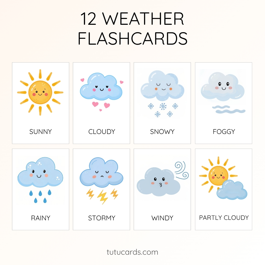 12 Cute Colorful Weather Flashcards | Printable Cards | 3.5x5 inch ...