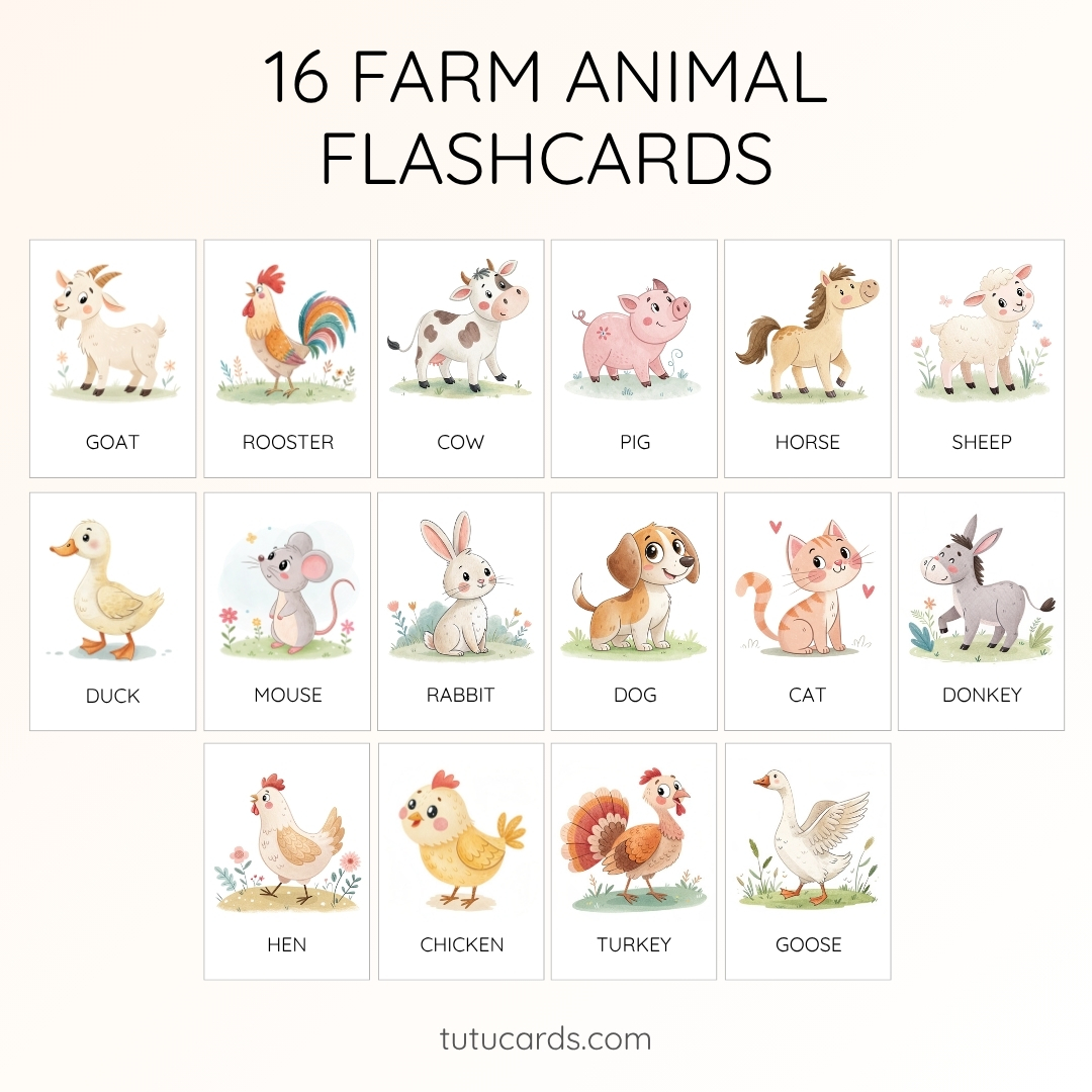 16 Cute Colorful Farm Animal Flashcards | Printable Cards | 3.5x5 inch ...