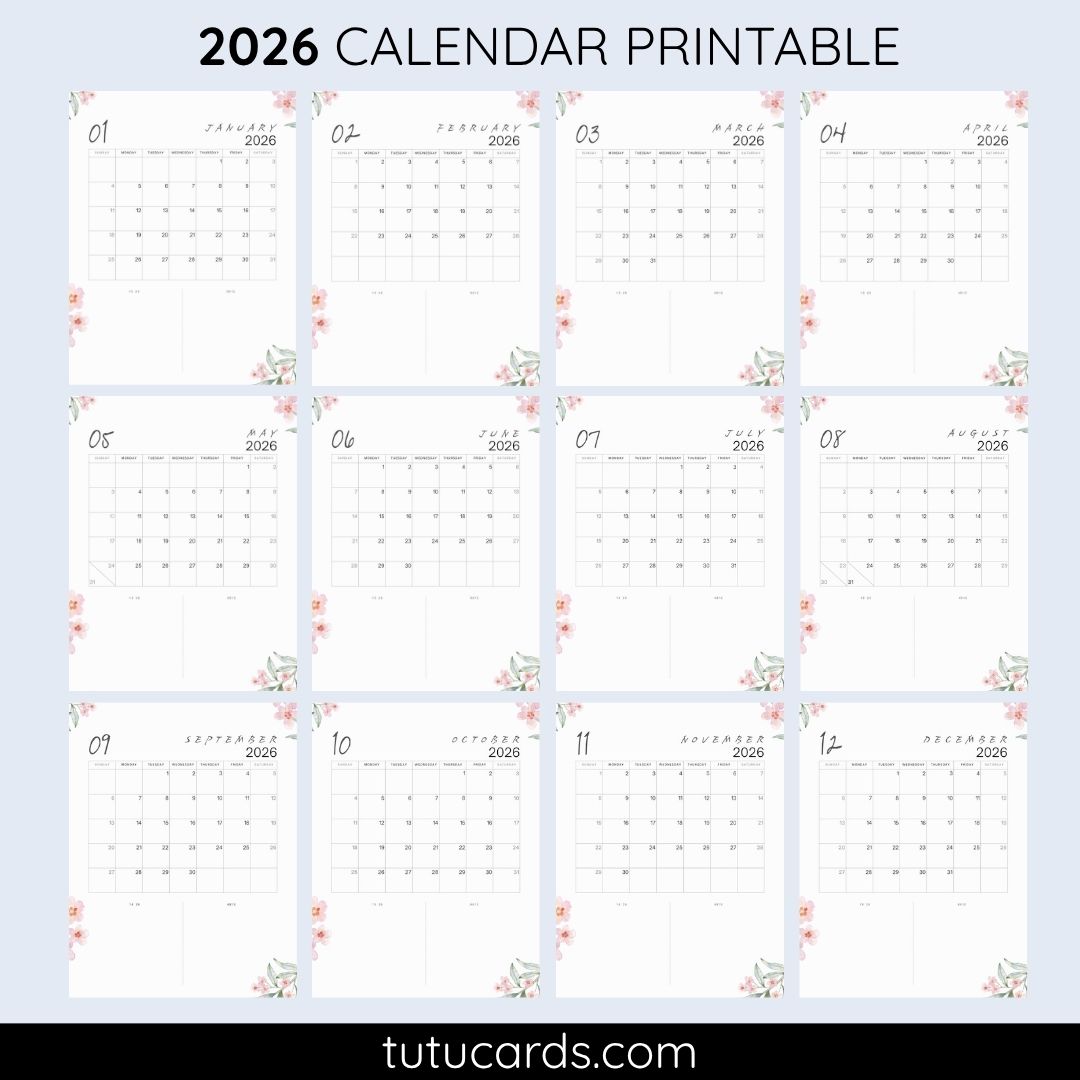 2026 Calendar Printable Download | Pink Watercolor Floral Vertical ...