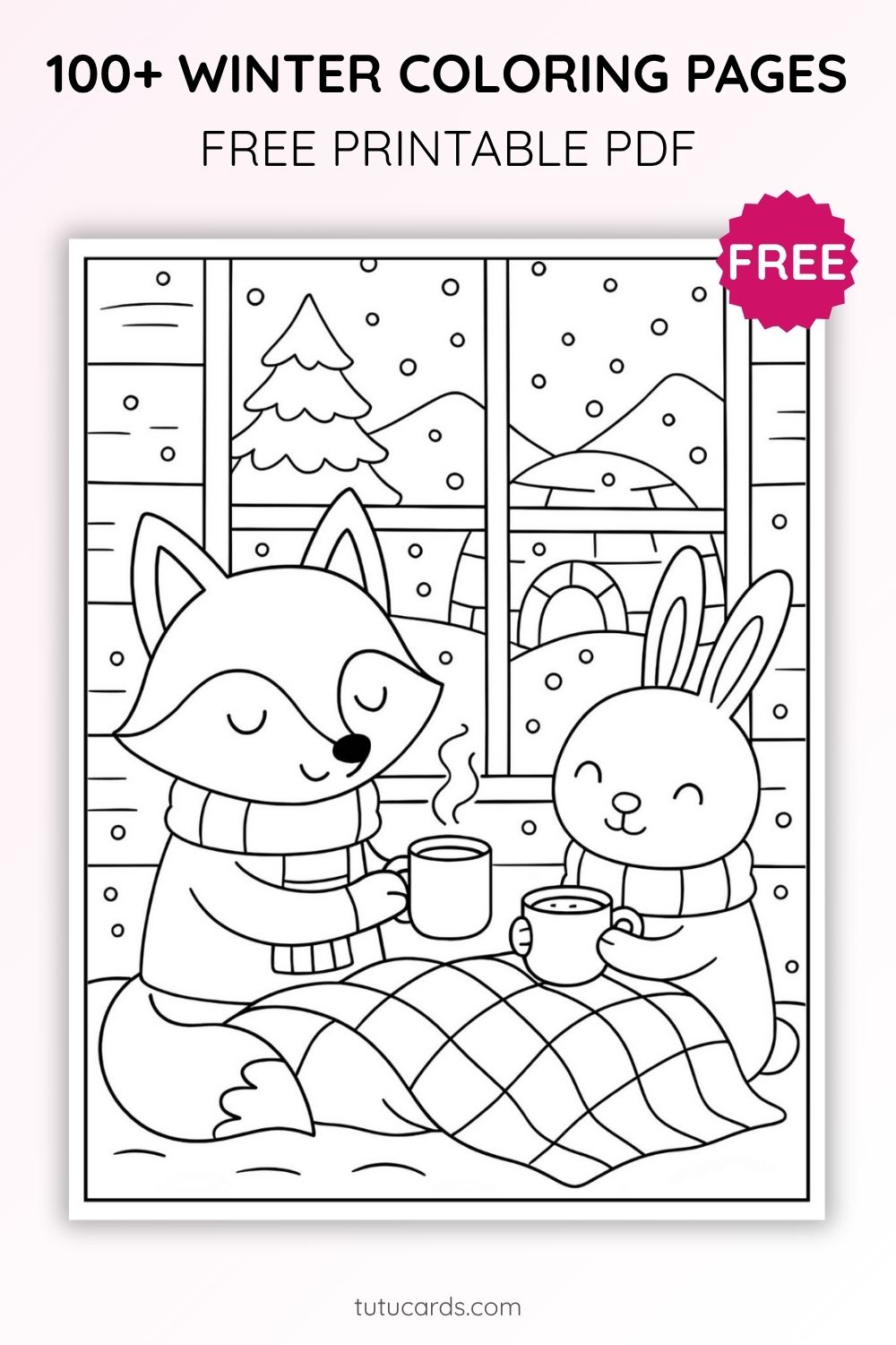 Winter Coloring Pages for Kids – Fox and Rabbit Drinking Coffee Indoors ...