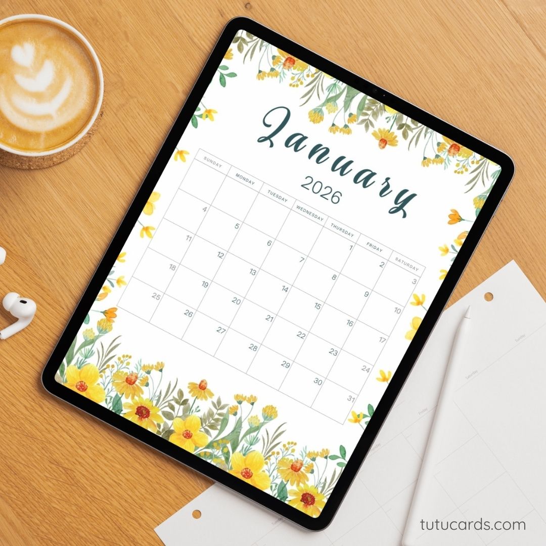 2026 Calendar Printable Download | Yellow Wildflower & Daisy Watercolor ...